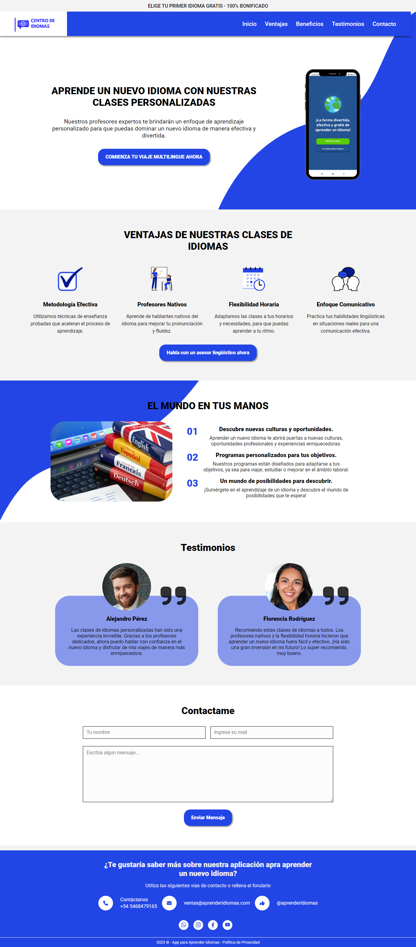 Homepage de la página web App de Idiomas